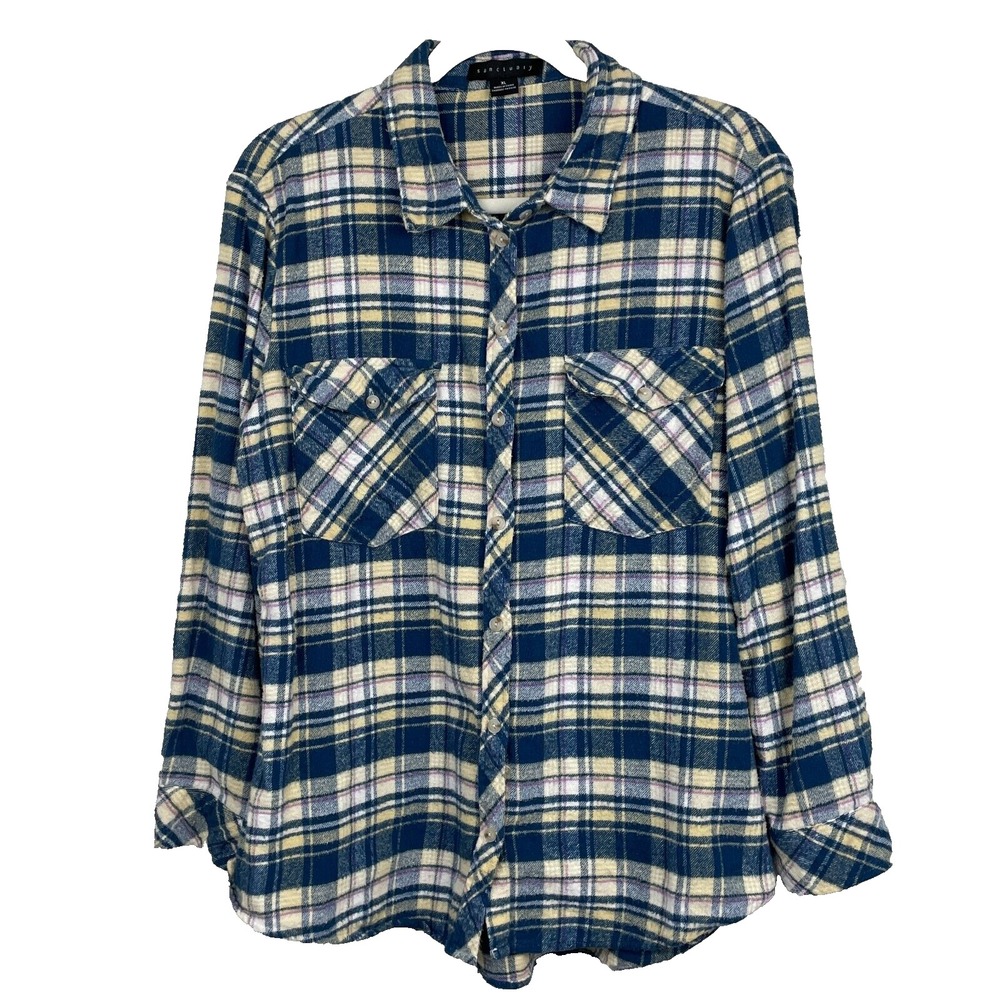 Sanctuary Top Extra Large‎ XL Flannel Plaid Long Sleeve Cotton Button Up Shirt